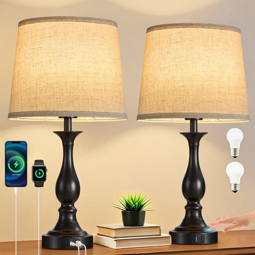 Bedside Table Lamp Touch Control Bedroom Lamps with USB A + C Charging Port 3 Way Dimmable Touch Lamps for Nightstand Living Room Bedroom Dorm Home Office Reading (2 Count)