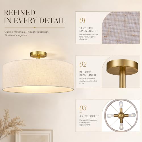 20 Inch Drum Semi Flush Mount Ceiling Light Fixture Gold
