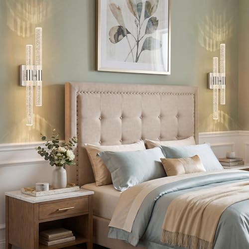 Modern LED Vanity Light Bubble Crystal Sconces Wall Lighting Brushed Nickel Bathroom Light Fixture 21.25in 4000K Vertical and Horizontal Wall Mounted Sconces for Bedroom Living Room