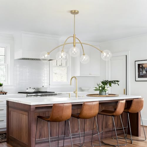 5 Light Modern Brass Chandelier Fixture White Clear Globe Glass Shade Pendant Light Gold Kitchen Ceiling Large Chandelier for Dining Room Kitchen Bedroom