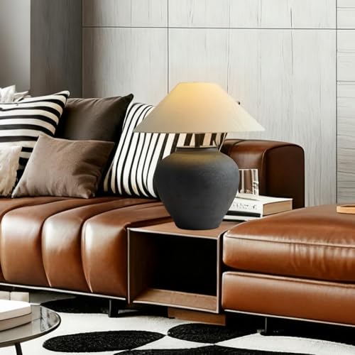 18.8" Black Vintage Distressed Ceramic Pot Table Lamp with Fabric Shade Rustic Farmhouse Table Lamps for Living Room Decorative Bedside Nightstand Lamp for Living Room Hotels Office