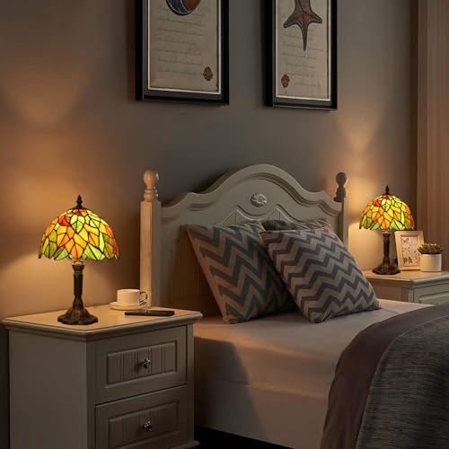 Tiffany Lamp Maple Leafs Stained Glass Bedside Nightstand Table Lamp