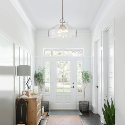Chandelier Rustic Farmhouse Industrial Round Ceiling Pendant LED Light Fixture with Clear Glass Shades for Dining Room Kitchen Island Foyer Entryway