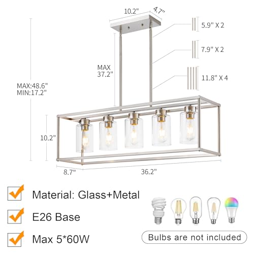5 Light Dining Room Light Fixture Rectangular Modern Farmhouse Chandelier Brushed Nickel Linear Hanging Pendant Lighting Rectangle for Kitchen Living Room Adjustable Height with Glass Shade