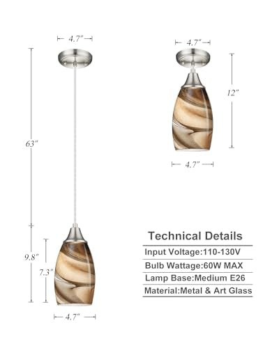 Mini Pendant Lights Kitchen Island Light Brown Glass Lamp Shade Hand Blown Glass Pendant Light with Brush Nickel Finish Adjustable Cord for Kitchen Over Sink