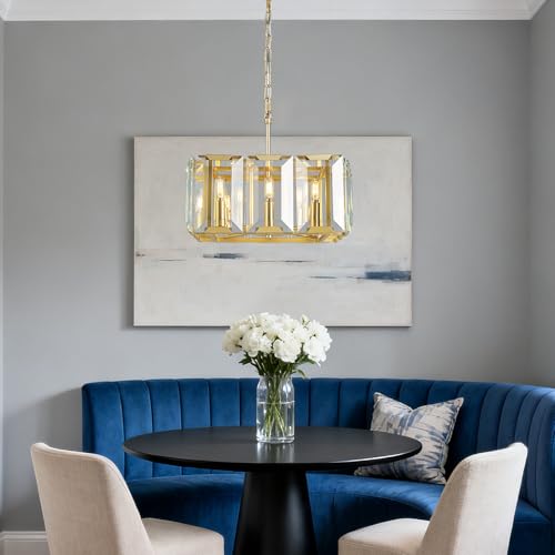 Gold Modern Crystal Chandeliers Rectangle Farmhouse Pendant Light Semi Flush Mount Ceiling Light Fixture for Bedroom Dining Room Kitchen Island Living Room Foyer Hallway