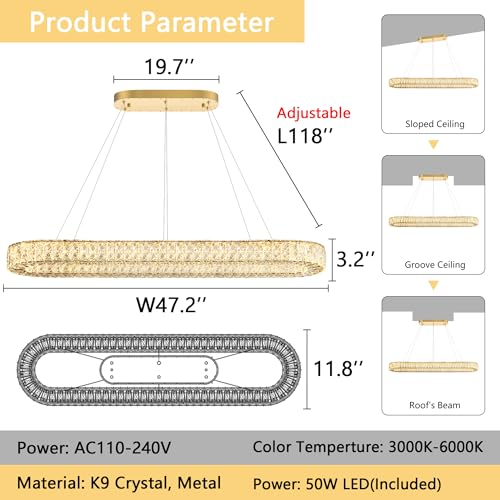 Modern Oval Chandelier Rectangular K9 Crystal Chandeliers for Dining Room Dimmable LED Light Fixture with Remote for Living Room Kitchen Light Gold