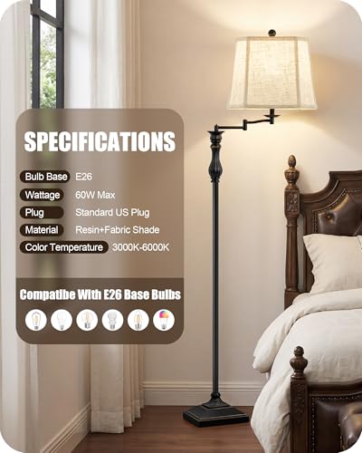 62" Black Floor Lamp for Living Room with 350° Adjustable Swing Arm (Black)