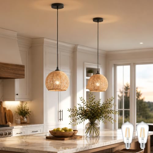 2 Pack Wicker Pendant Light Natural Woven Pendant Light Boho Chandelier Light Fixture Dome Rustic Farmhouse Pendant Lights Rattan Light Fixture for Kitchen Island Dining Room