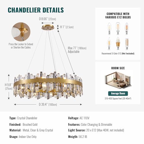Modern Large Brass Gold Crystal Chandelier for Dining Room