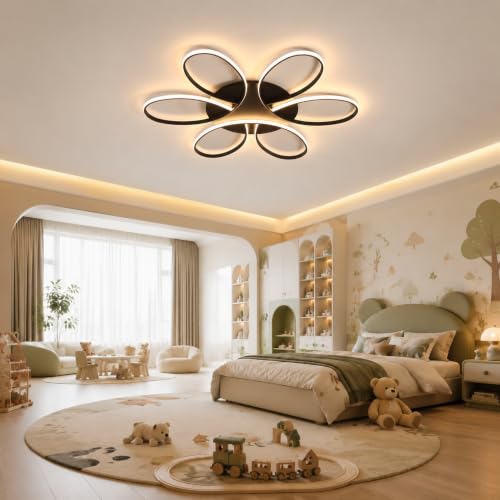 Modern LED Ceiling Light Fixture Black Flush Mount Ceiling Lamp with Remote Control Dimmable Rings Flower Shaped Ideal for Living Room Suite Bedroom Leisure Study Room Kitchen