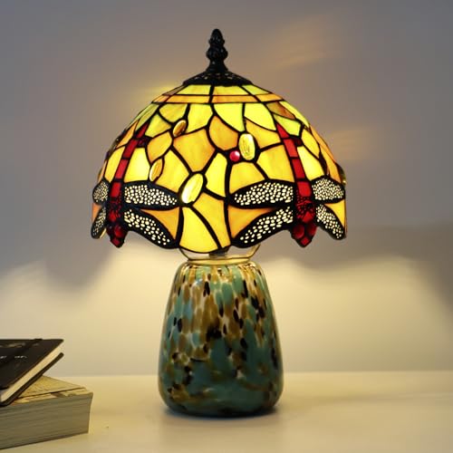Tiffany Mushroom Table Lamp Dragonfly Style Yellow Stained Glass Accent Lamp Brown Blue Glass Base 8X8X12 Inch