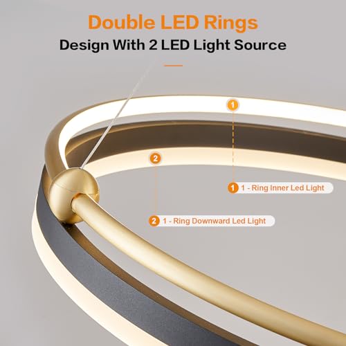 Modern LED Pendant Light D24in Black Gold Dimmable Circular LED Chandelier 1 Ring with Remote