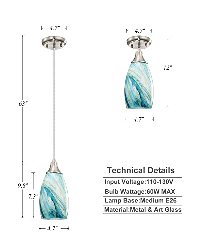 Art Glass Mini Pendant Lights for Kitchen Island Blown Art Glass Pendant Light Shade hanging ceiling lights with Brushed Nickel Finish for Kitchen Counter bar