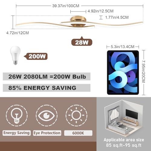 28W Linear Ceiling Light Gold Modern LED Ceiling Light Fixture 6000K Aluminum 39.37Inch Long Ceiling Lamp for Hallway