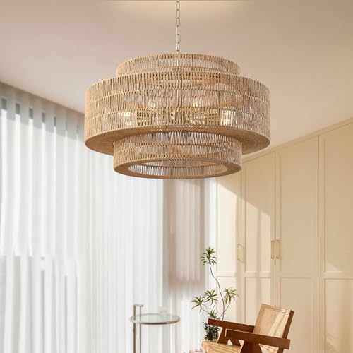 31.5"Large Boho Rattan Farmhouse Chandeliers for Dining Room