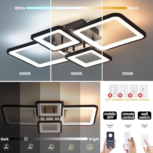 Modern LED Ceiling Lights Fixture Dimmable Flush Mount Black Acrylic 4