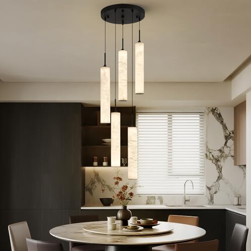 Natural Alabaster Pendant Lights for Kitchen Island White Marble Long Tube Chandelier 4000K Modern Black Ceiling Light Fixtures for Bedroom Dining Room Table Living Room Hallway