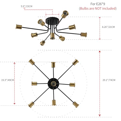 9 Lights Semi Flush Mount Ceiling Light Fixture Black and Gold