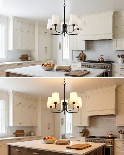 Chandelier, 5-Light Black Farmhouse Chandeliers for Dining Room, Height Adjustable Dining Room Light Fixture with White Fabric Shade, Chandelier for Living Room, Bedroom, Kitchen, Entryway