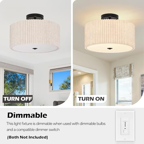 3 Light Semi Flush Mount Ceiling Lights Fixture 16 Inch Drum Light Fixture Drum Ceiling Lights with Pleated Fabric Shade Black Close to Light Fixtures for Hallway Living Room