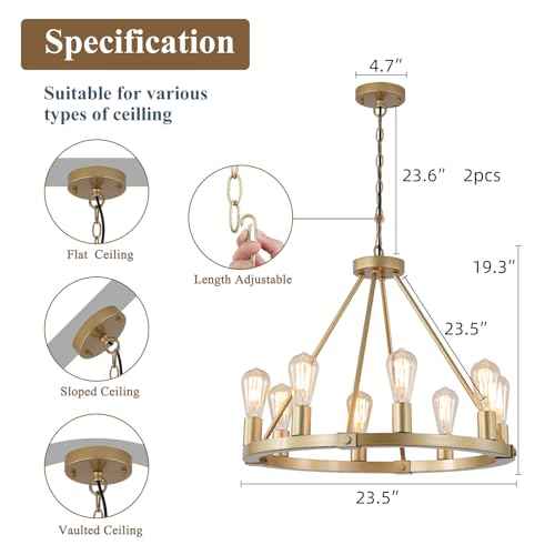 23.6“ 8 Lights Golden Wagon Wheel Chandelier, Large Luxury Kitchen Island Pendant Light for Living Dining Room Foyer Entryway,Height Adjustable,E26.