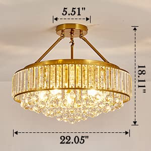 6 Light Modern Large Crystal Chandelier Gold Metal E26 Semi Flush Mount Round Ceiling Light Fixture Ceiling Lamp Farmhouse for Dining Room Living Room Laundry Room Foyer Kitchen Bedroom