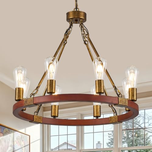 Farmhouse Wagon Wheel Chandelier 24" Rustic Gold Chandelier for Dining Room