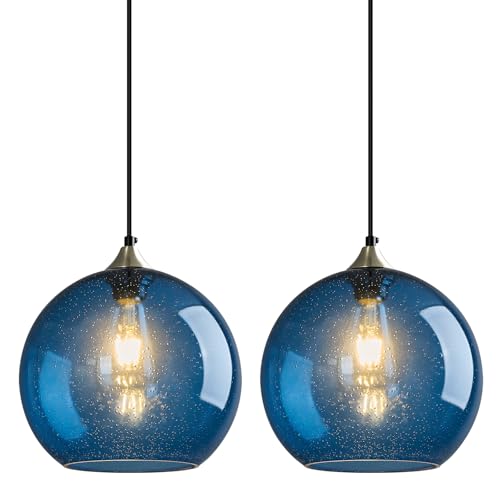 Blue Glass Pendant Lights Kitchen Island Lighting Globe Pendant Light Fixtures Modern Pendant Lighting for Kitchen Island Bedroom Living Dining Room Light Fixture (2 Count)
