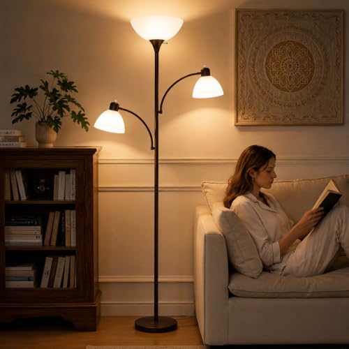 3 Head Torchiere Floor Lamps with 2 Reading Lamp for Living Room (Brown)