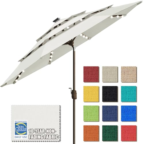 USA 10-Year-Non-Fading 9ft 3-Tier Market Patio Umbrella, Commercial Table Umbrella with 80 Solar LED Lights, Crank Open, Windproof & UPF 50+ UV Protection for Garden, Deck, Pool, Backyard, White