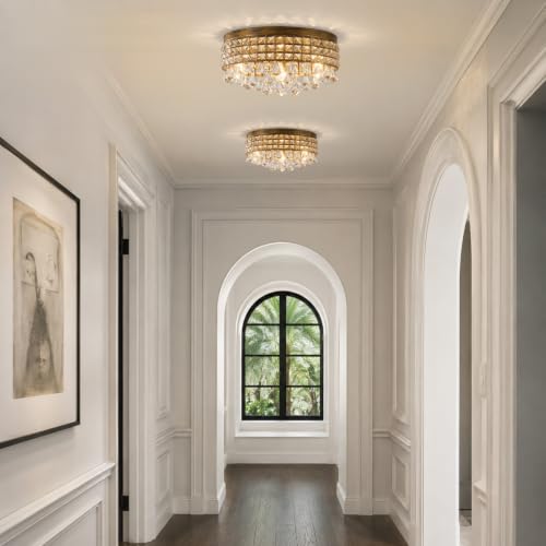 Antique Crystal Flush Ceiling Light (Antique Brass)