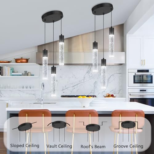3 Lights Pendants Light for Kitchen Island Chandeliers Dining Room Pendant Lighting Fixture Bubble Crystal Ceiling Hanging Lights Bedroom Island Kitchen 6000K White Light Fixtures Black