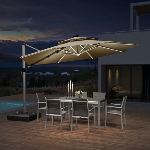 Patio Umbrella with Base 12ft Solar LED Light Double Top