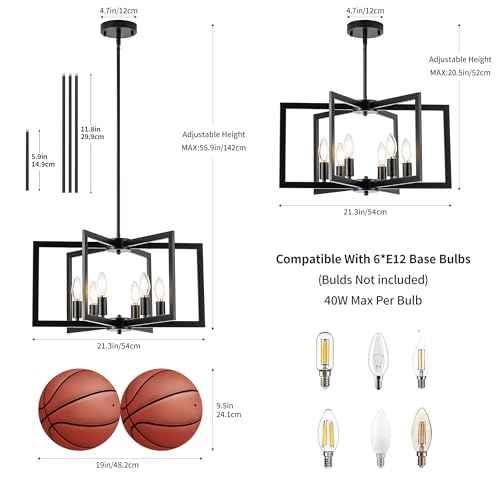 Matte Black Modern Chandelier 6-Light, Geometric Pendant Light Fixture with E12 Candelabra Base (Bulbs NOT Included), Open Frame Hanging Lighting for Dining Room, Kitchen Island, Foyer and Living Room