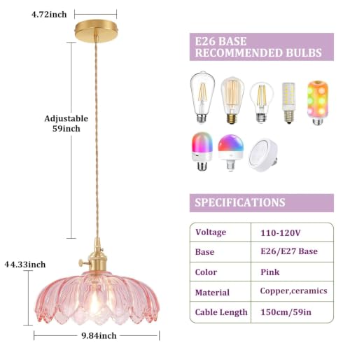 Pendant Light with Pink Scindapsus Glass Lmapshade
