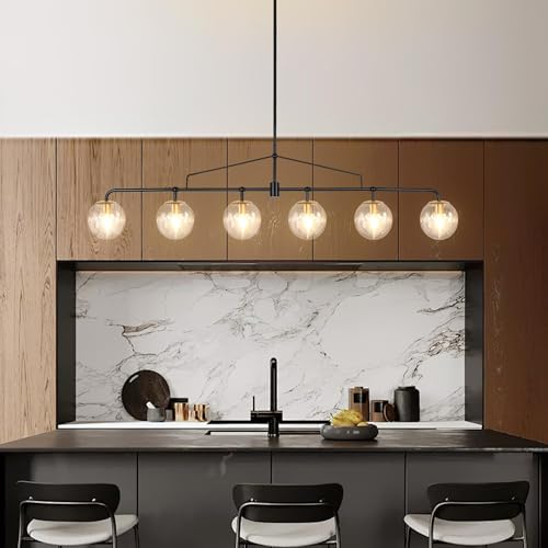Modern Linear Chandelier 6 Lights Seeded Glass Globe Sputnik Pendant Light