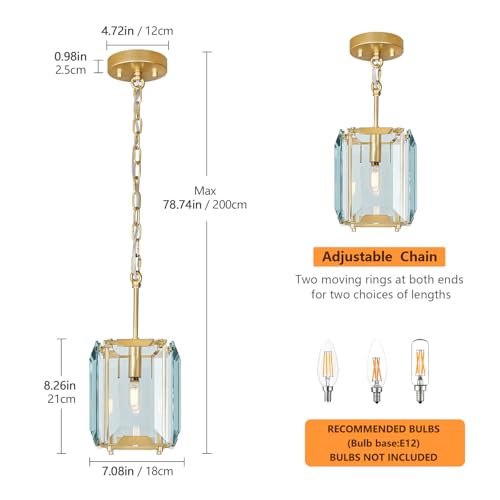 Gold Modern Crystal Chandeliers Rectangle Farmhouse Pendant Light Semi Flush Mount Ceiling Light Fixture for Bedroom Dining Room Kitchen Island Living Room Foyer Hallway