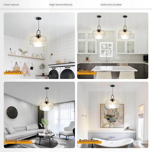 Clear Glass Pendant Light Fixture Kitchen Island Farmhouse Dining Room Pendant Lights Striped Wave Globe Lamp Shade Black Metal Light fixtures Modern Glass Ceiling Hanging Lighting