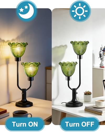 Green Glass Flower Table Lamp for Bedroom Vintage Lamp Dimmable