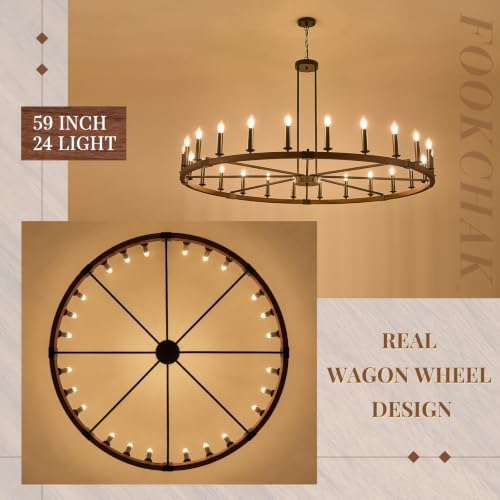 Farmhouse Large Wagon Wheel Chandelier 24 Light Round Wood Chandelier Light