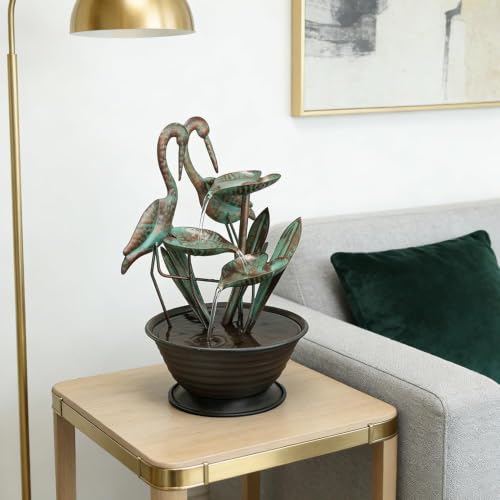 Tabletop Water Fountain with Standing Metal Crane for Home Decor