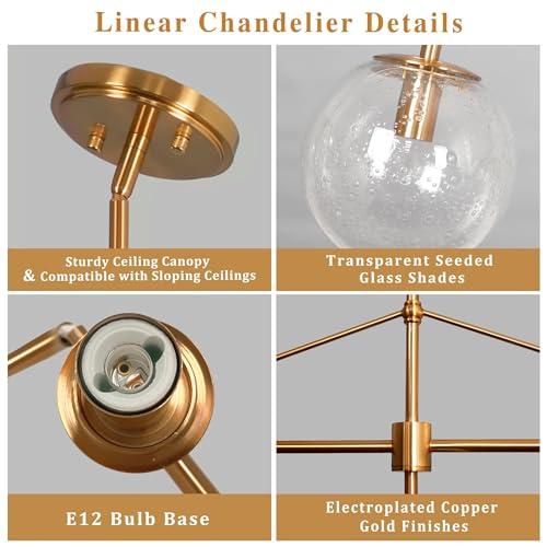 Gold Linear Chandelier 6 Lights Seeded Glass Globe Pendant Light
