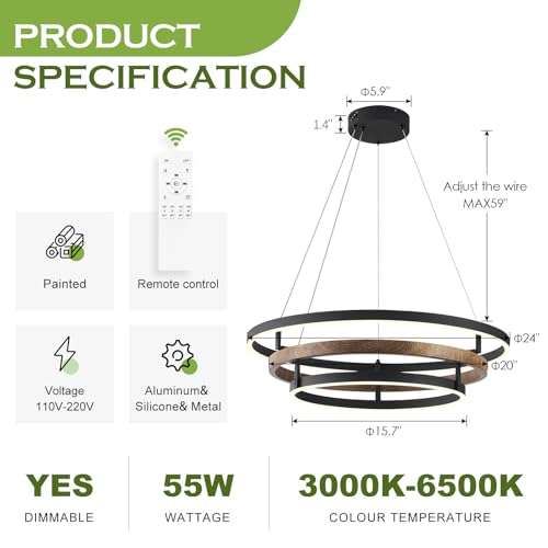 Modern LED Chandelier Black Dimmable 3 Ring Pendant Light for Dining Room
