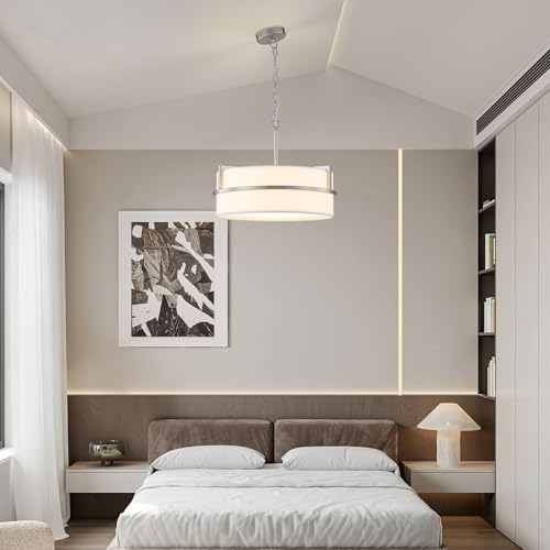 15.7" Modern Drum Chandelier Ceiling Light with White Fabric Shade