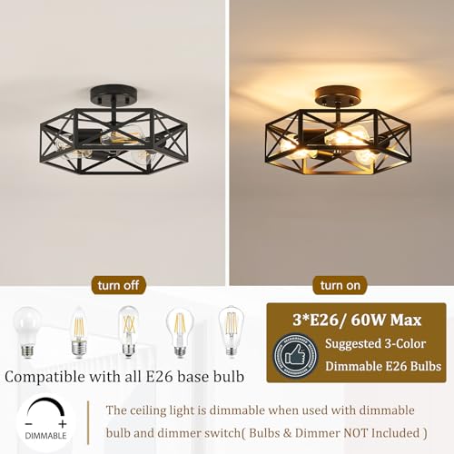 Black Modern Farmhouse Metal Semi Flush Mount Ceiling Light Fixture 14.6 in