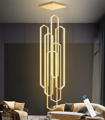 6 Rings Gold Modern Long Large Chandelier Dimmable LED High Ceiling Chandelier for Living Room Foyer Staircase Enterway Big Hanging Light Fixture Modern Ceiling Light
