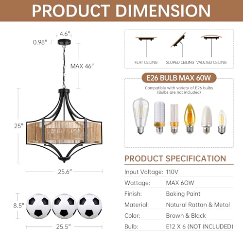 25.6" Large Rattan Chandelier