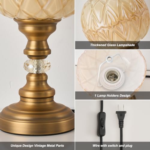 Vintage White Table Lamp Fixture with E26 Bulb Glass Lampshade Desk Lamp with Plug Switch for Bedroom Living Room Dressing Room