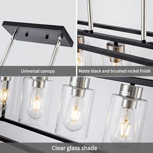 6 Lights Modern Dining Room Light Fixtures Over Table Black & Brushed Nickel Farmhouse Chandeliers Rectangular Pendent Lighting for Kitchen with Glass Shade Linear Hanging Industry Ceiling Light